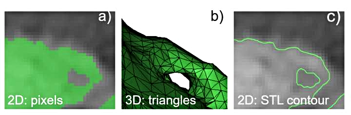 From the 2D data (a), an STL was created (b), whose contours could be compared with the 2D image tab (c)