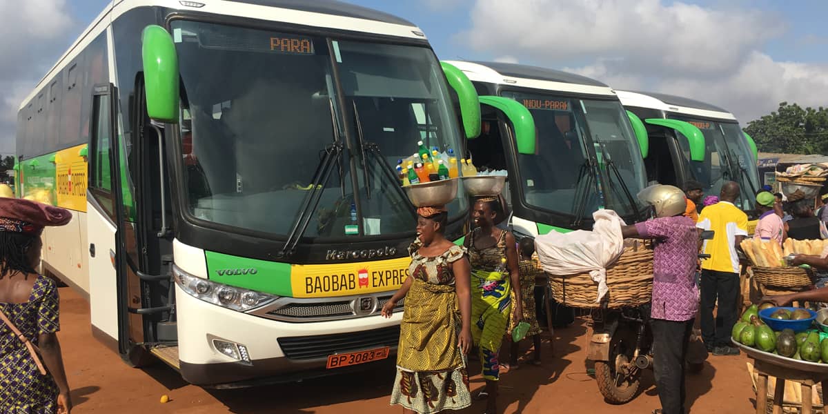 Baobab Express buses at bus terminal in Benin