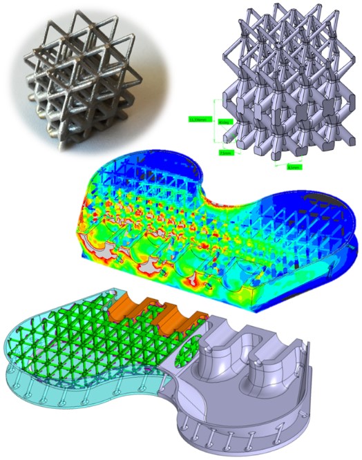 Computer-generated image of lattice design with photo of 3D-printed lattice