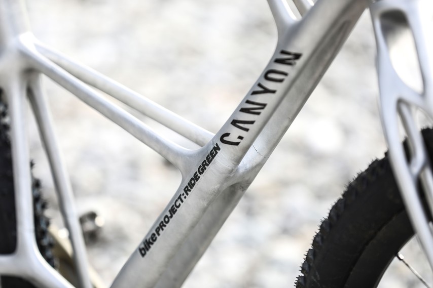 A close up of the 3D-printed aluminum bike frame