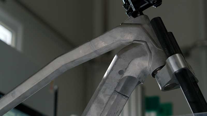 A close up of the welded bike frame