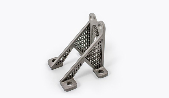 A small bracket used to join aircraft panels, 3D-printed in titanium, with lightweight latticed portions